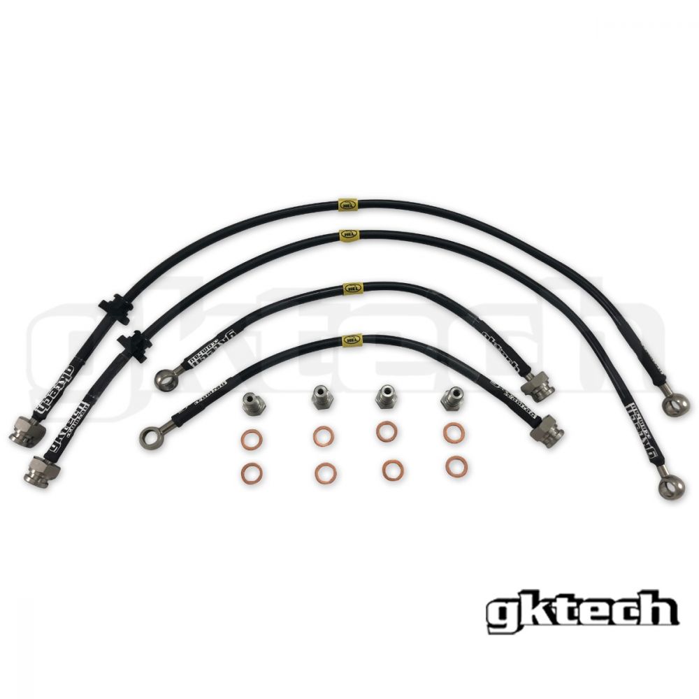 For Nissan 240SX S14 Front Rear Red Stainless Steel Braided Oil Brake Line Cable Hose Black End Cap 